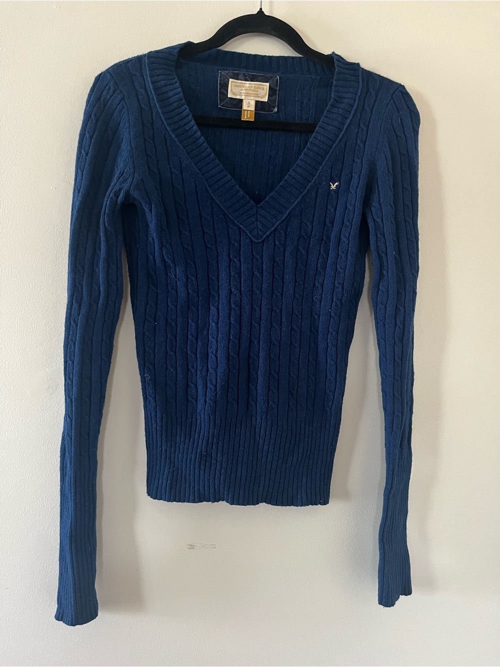 Vintage Y2K American Eagle Cable Knit Ribbed V Neck Sweater Small Blue Preppy